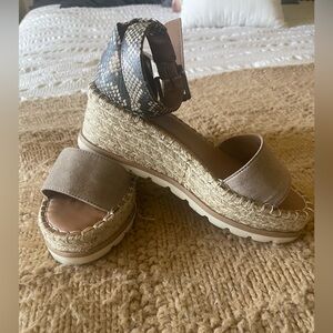 Women’s Espadrille Wedge Sandals in Taupe with Snake-Print Ankle Strap